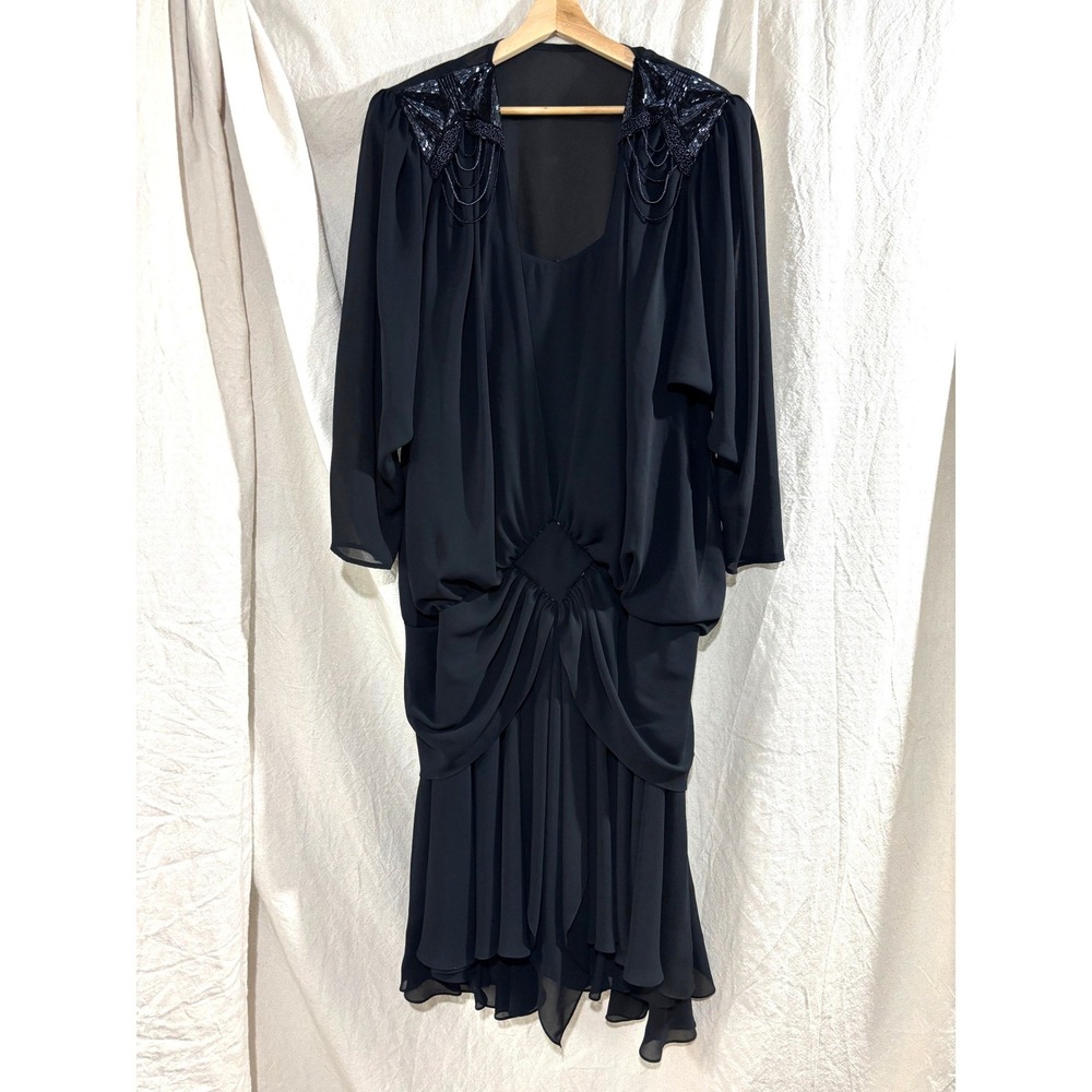 Vintage 70s Black Beaded Midi Dress 1970s Flapper Gatsby Whimsigoth Style Plus